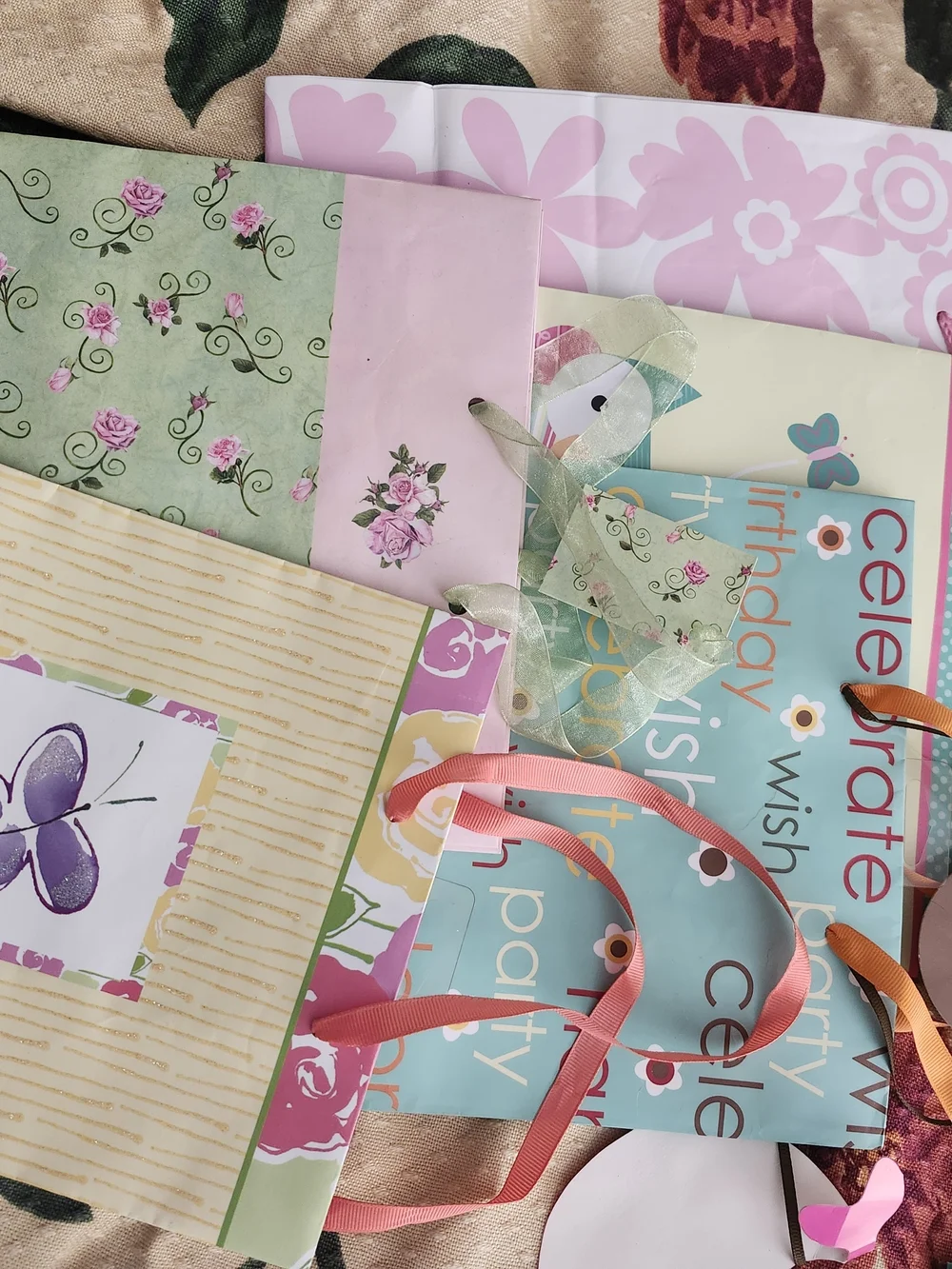 Assorted Pink & Green Floral Gift Bags with Ribbon Handles